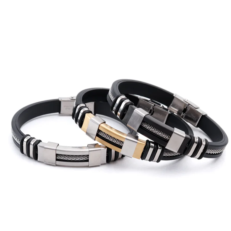 fashion punk rubber mens stainless steel bracelets wholesale