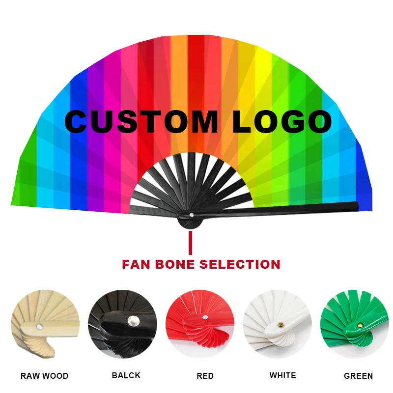 Custom Logo Bamboo Crafts Large Folding Rave Fans Holographic Festival Wedding Party Clack Hand Held Fan