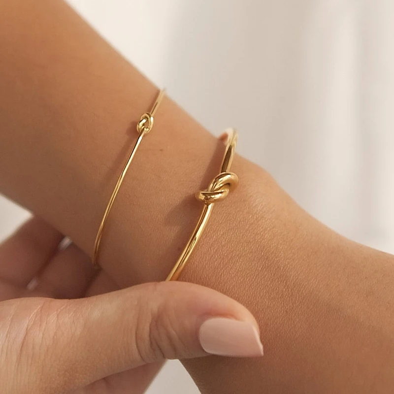 Minimalist 18K Gold Plated Stainless Steel Cuff Bangle Bracelet Handmade Love Knot Bangles Jewelry Women Tarnish Free