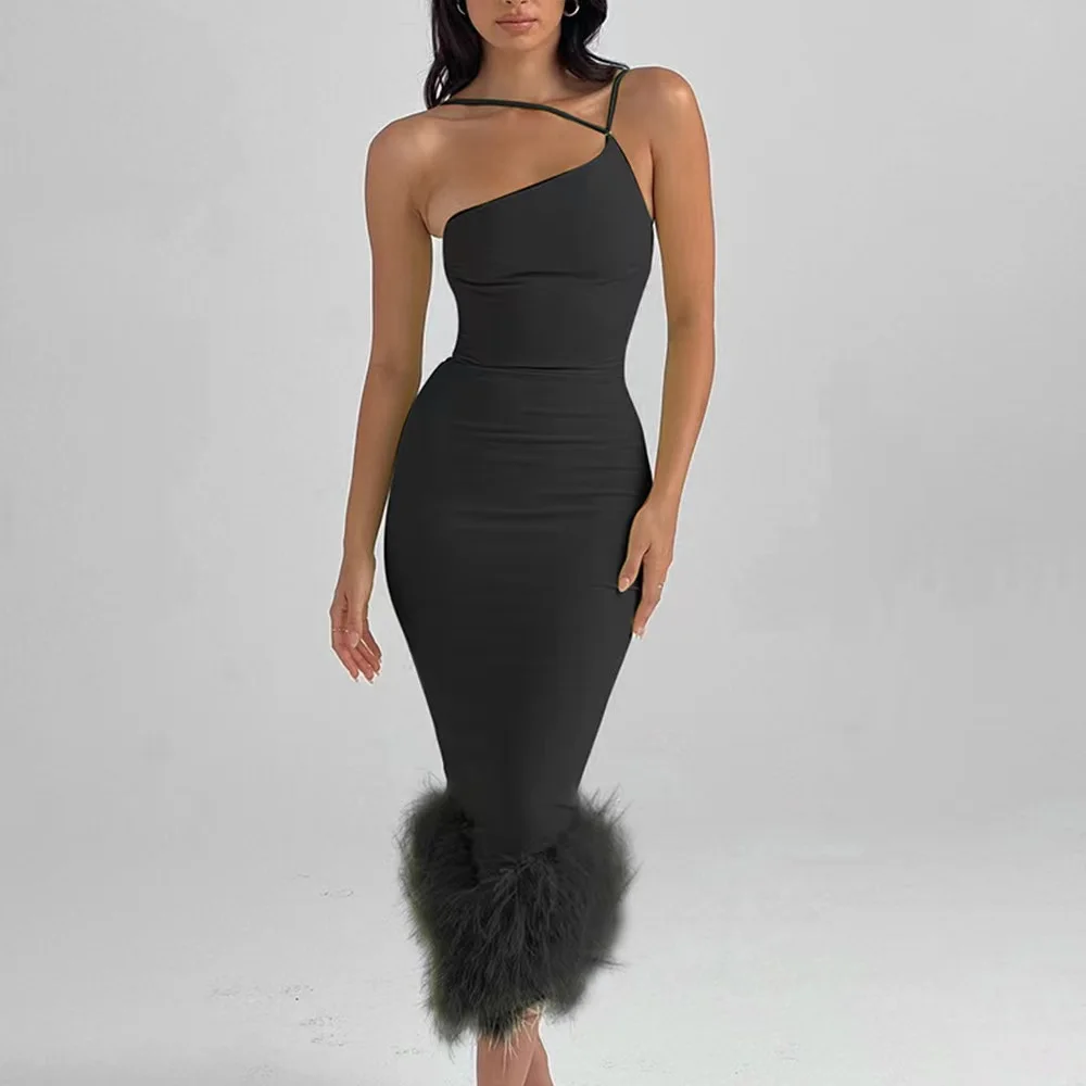 2022 Hot Sale Women Sexy Cutout Backless Cocktail One Shoulder Spaghetti Strap Party Black Ostrich Feather Long Dress
