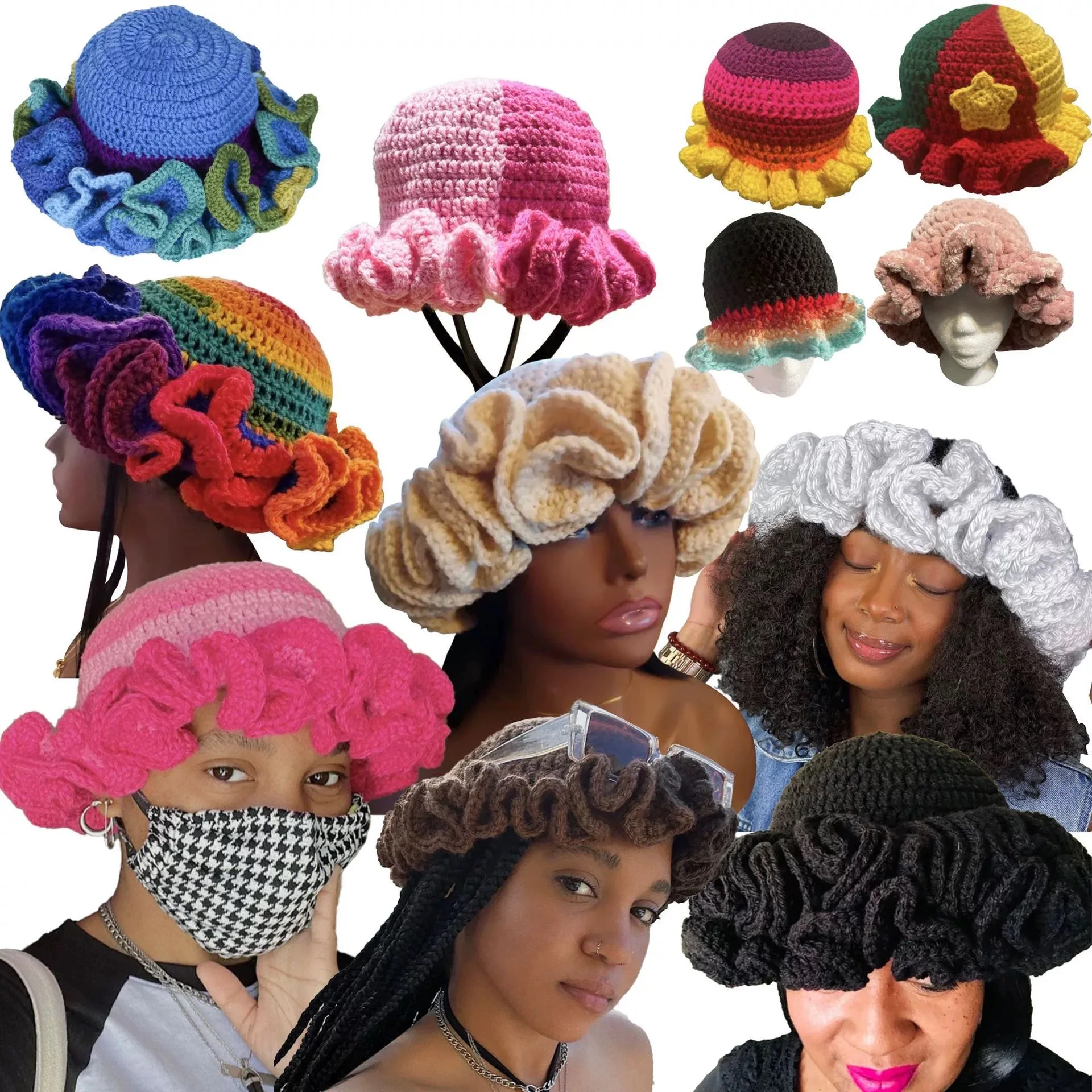 2024 New Handmade Knit Bucket Hat for Woman Weaving Floppy Ruffled Brim Bucket Hat Adult Teens Winter Cycling Crochet Hat