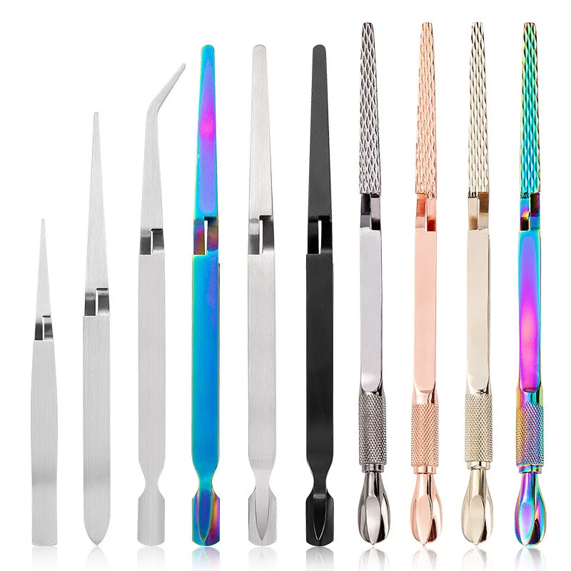 Stainless Steel Nail Art Tools Multifunction False Nail Shaping Tweezers Colorful Rose Gold Pinching Cuticle Pusher