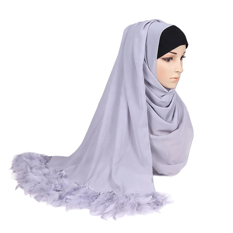 2020 New Design Feather Chiffon Hijab for Muslim Diamond Scarf Feather Tassel Women Shawl Long Scarf Shawl Wholesale