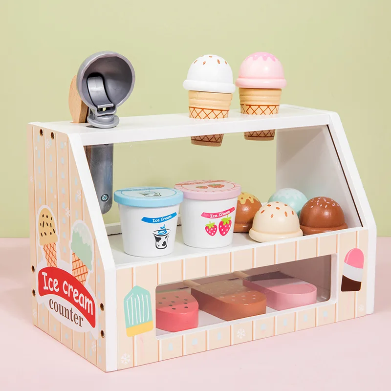 Ice Cream Counter play set for Kids Montessori Pretend Play Food Toys Kitchen Wooden Popsicle Set with Scoop & Cash Ice Cream
