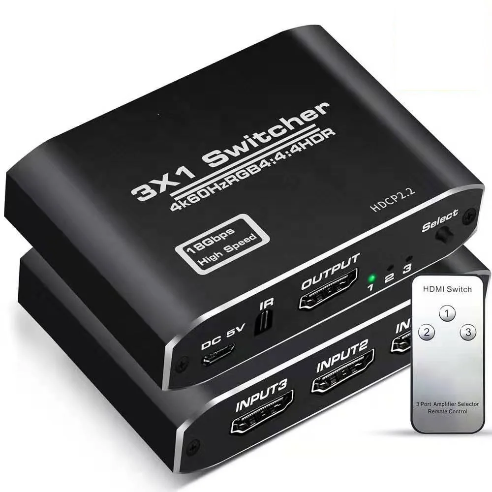 High Speed 18Gbps 4K 3 To 1 HDMI 2.0 Switch Box Converter 4K 60Hz HDR 3 Port HDMI Switch Switcher 3 In 1 Out With Remote