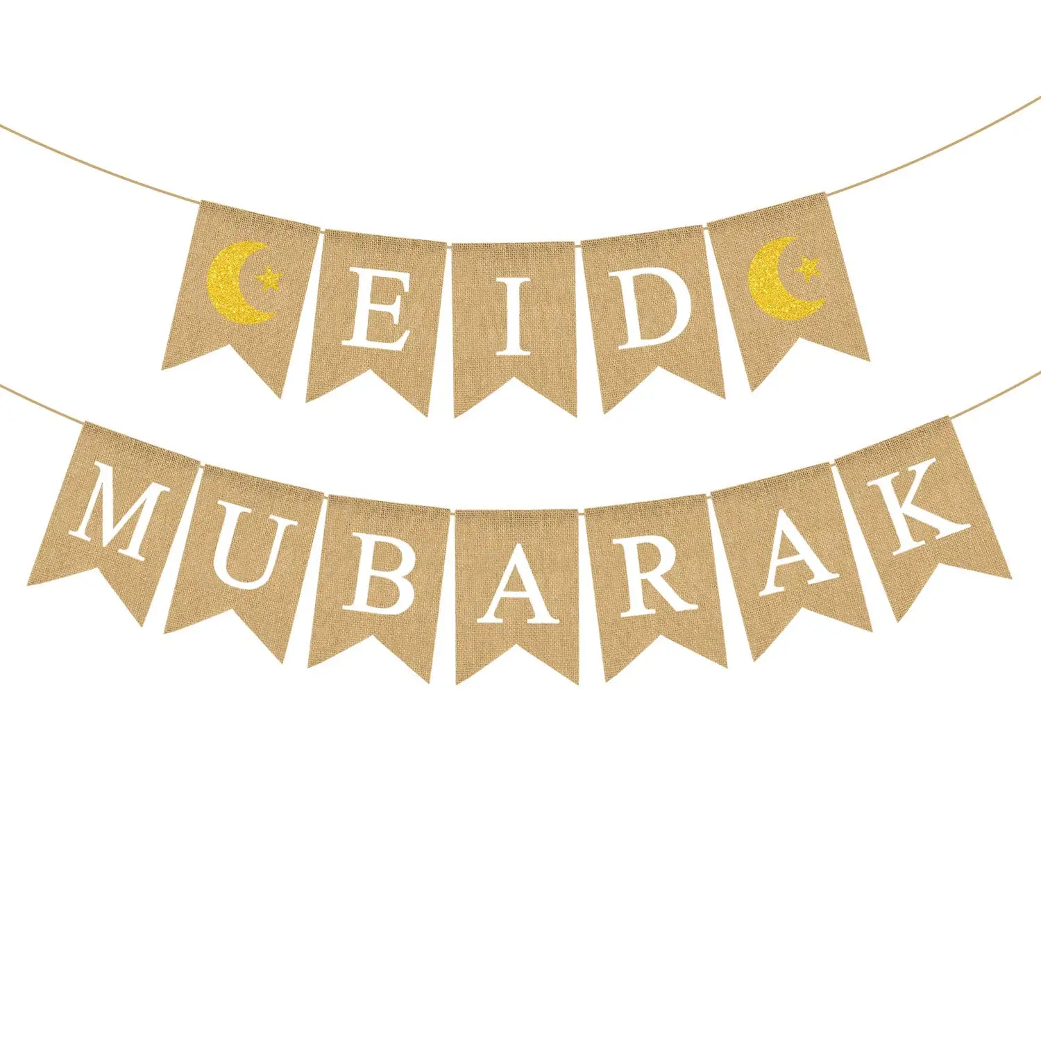 Jute Burlap Eid Mubarak Banner with Moon and Star Ramadan Home Mantel Fireplace Decoration