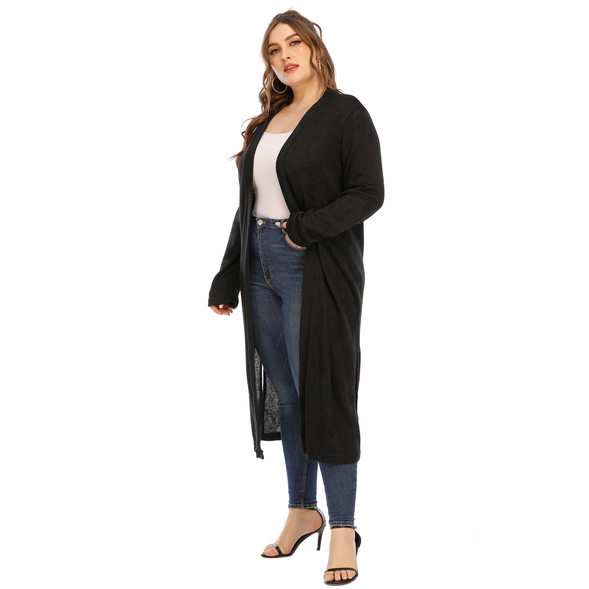 Custom Plus Size Women Clothing Long Sleeve Open Front Midi Cardigan Sweater Coat with Slit