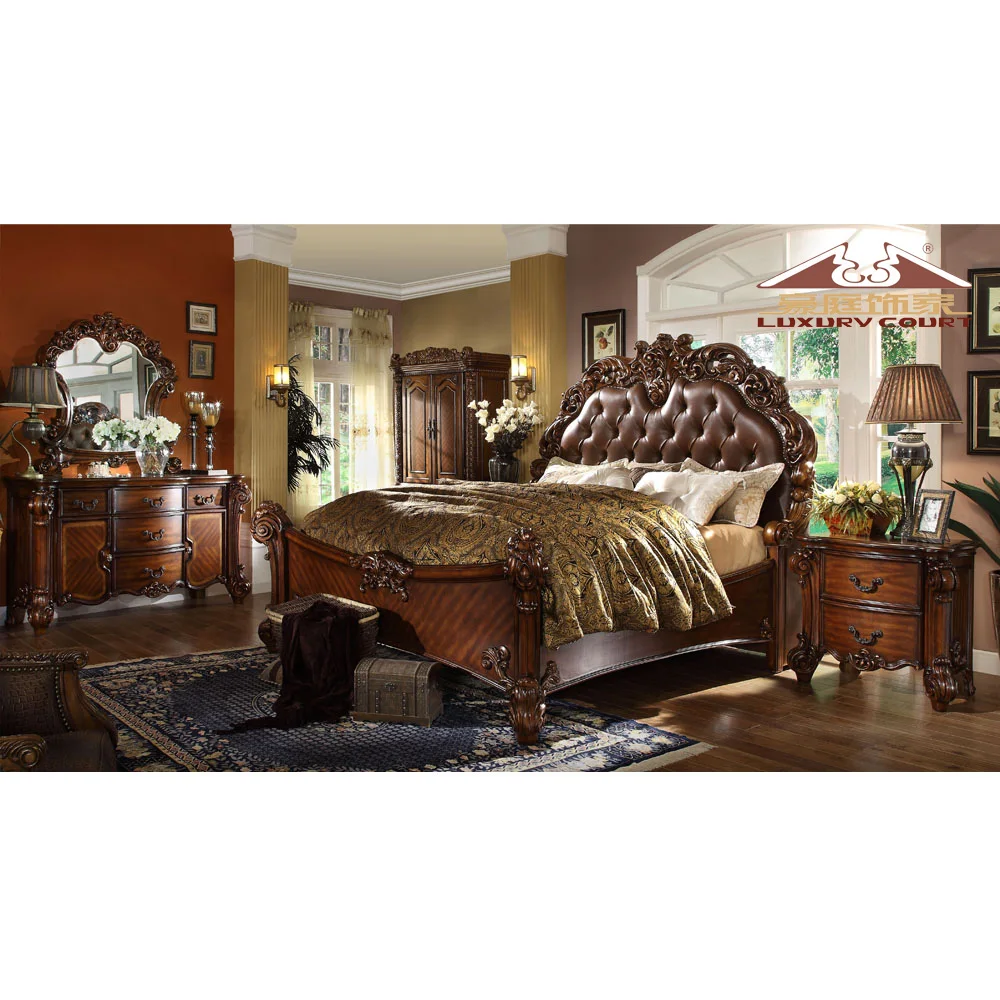 Longhao Furniture Luxury Classic Exclusive Wholesale Brown Coffee King Size Bedroom Set with Dressing Table and Mirror