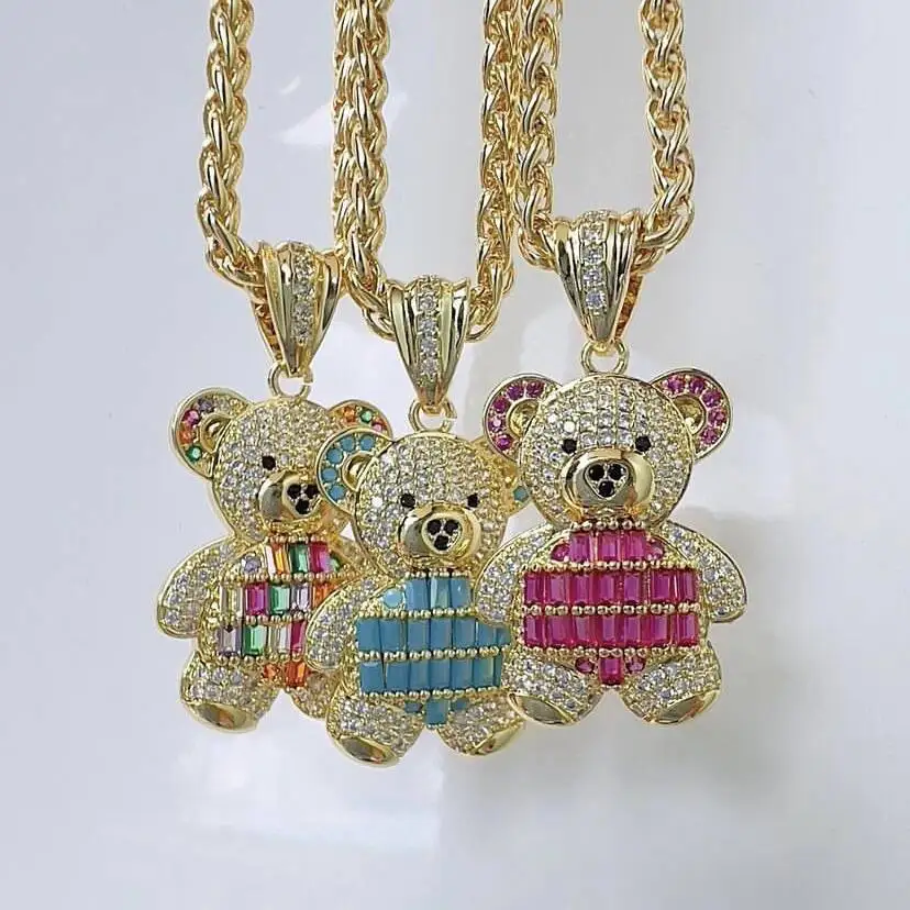 LS-L3379 Popular gold twist chain necklaces fashion teddy bear necklaces colorful cz pave zircon statement necklace for men