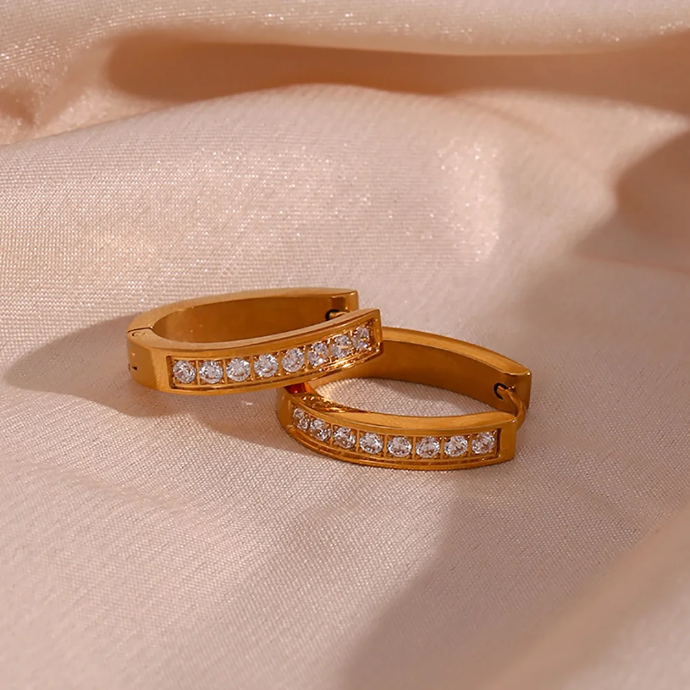 Water Proof U Shape Shining Zircon Huggies Earring 18K Gold Plated Stainless Steel Hoop Earring