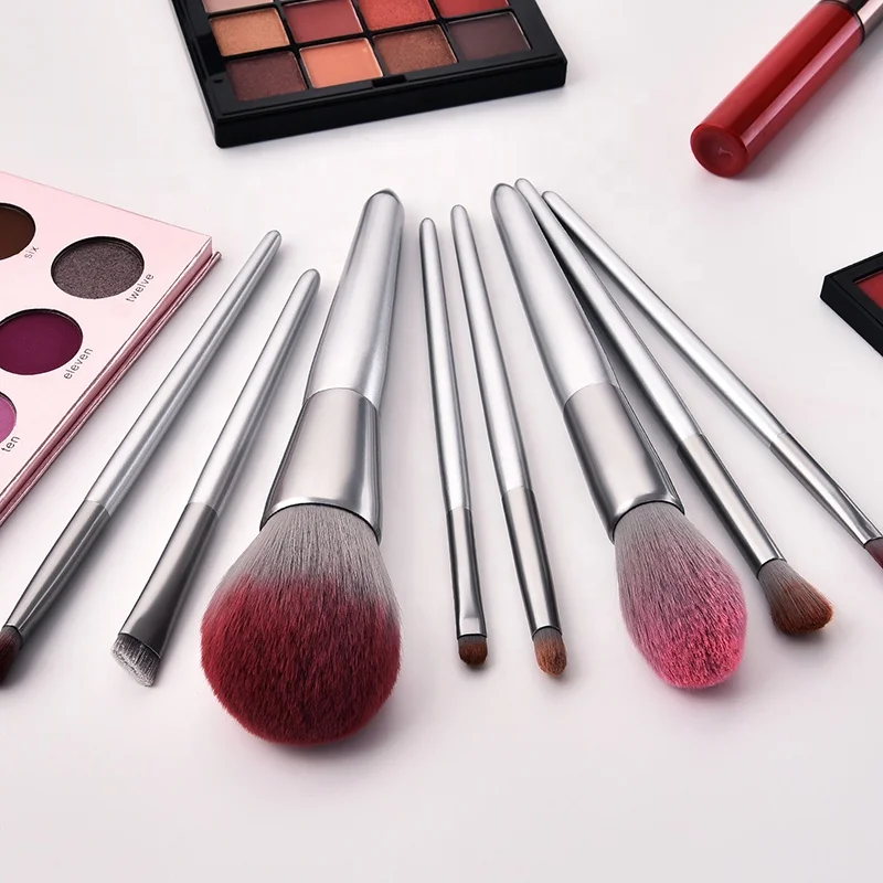 Miyaup silver handle make up brush with pouch gray synthetic hair makeup brush set