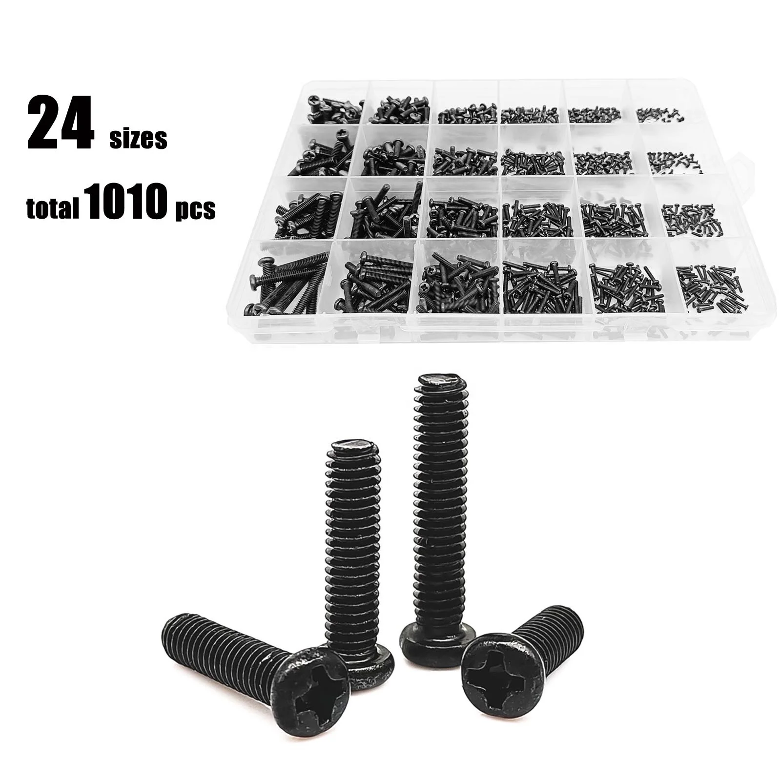 Total 1010pcs/box M1.4 M1.6 M2 M2.5 M3 M4 Black Mini Micro Phillips Cross Pan Round Head Screw Bolt Set Assortment Kit