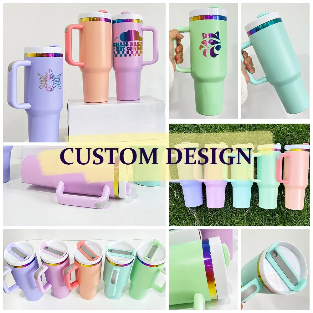 40Oz Tumbler With Handle Custom Stainless Steel Tea Mug Rainbow Underlay Tumblers Powder Coated Tumblers For Laser Engraved