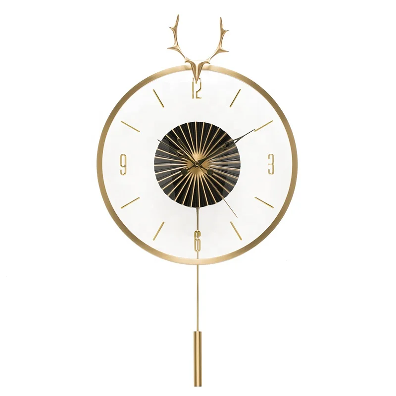 2021 Wholesale Light luxury Creative Copper Deer Swing wall clock in Gold living room dining room home fashion clock