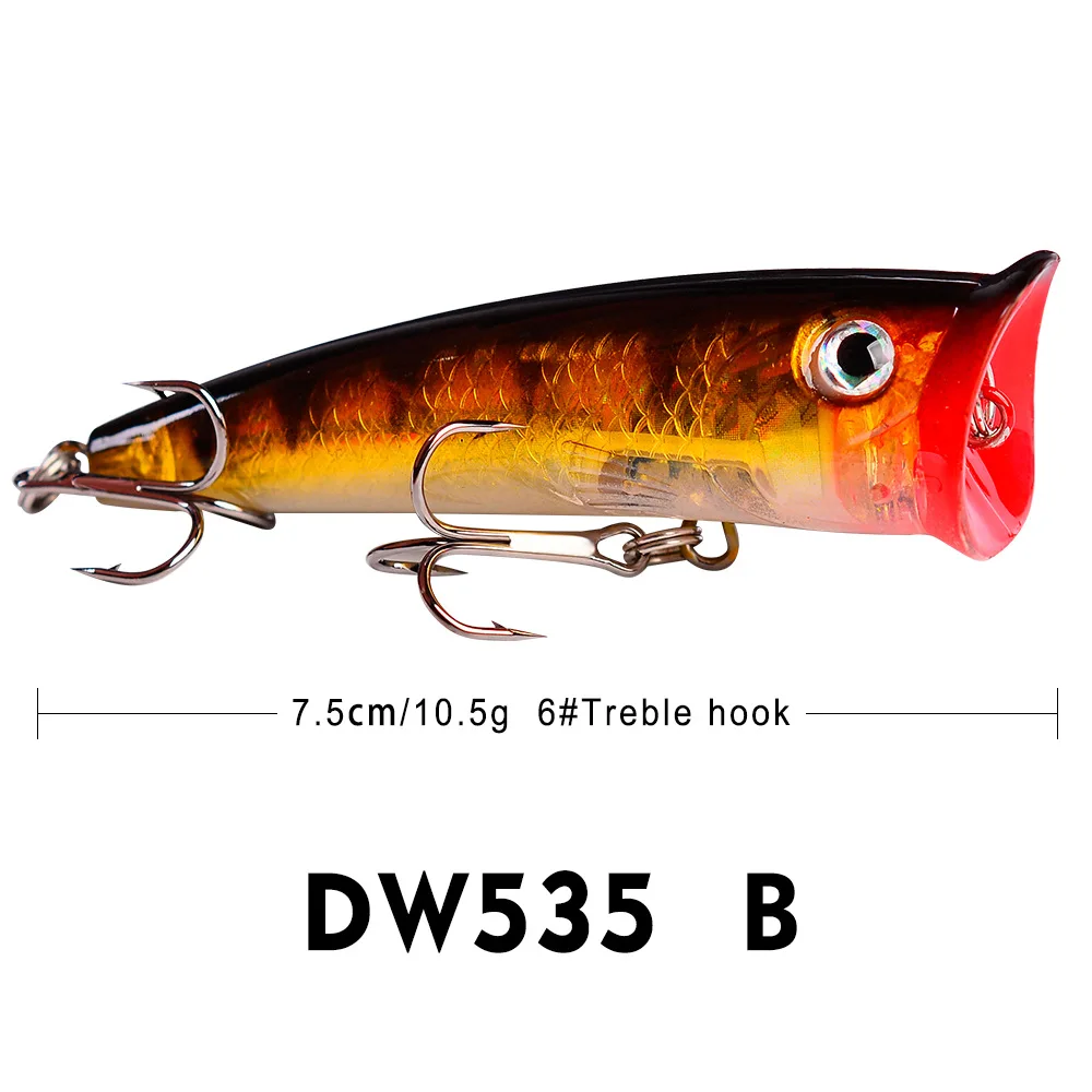 YIBAO 75mm Top Water Fishing Lure Popper with Treble Hooks Saltwater Topwater Hard Bod Artificial Bait Plastic Fishing Rig Lure
