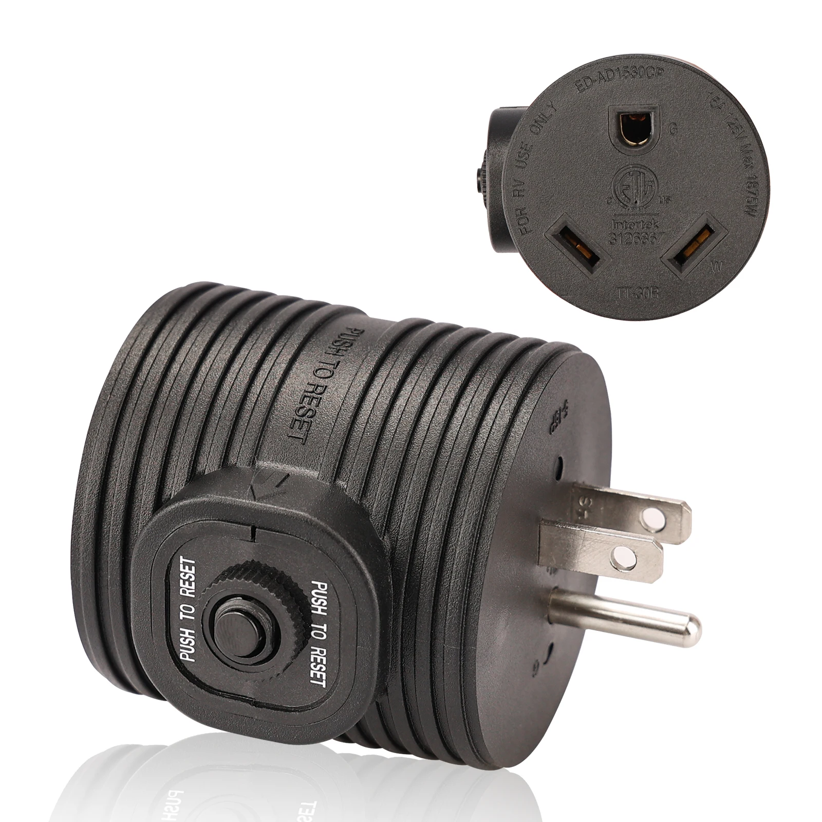 15 amp Male to 30 amp RV Plug  Adapter with Circuit Breaker, NEMA 5-15P to TT-30R Electrical Plug, ETL Listed