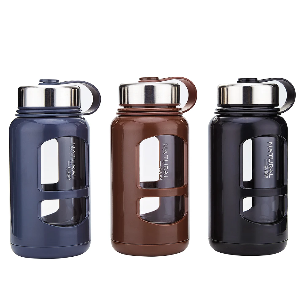 
High quality promotional wholesale promotional leak proof lid reusable drinking custom glass water bottle with silicone sleeve 