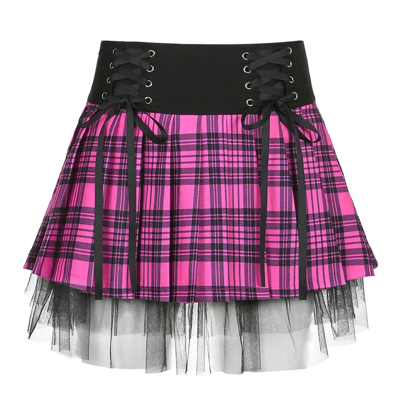 ecowalson Lace Up Goth Pink Plaid Pleated Skirts Woman Patchwork Mesh Gothic E Girl Clothes Dark Academia Vintage  Mini Skirt