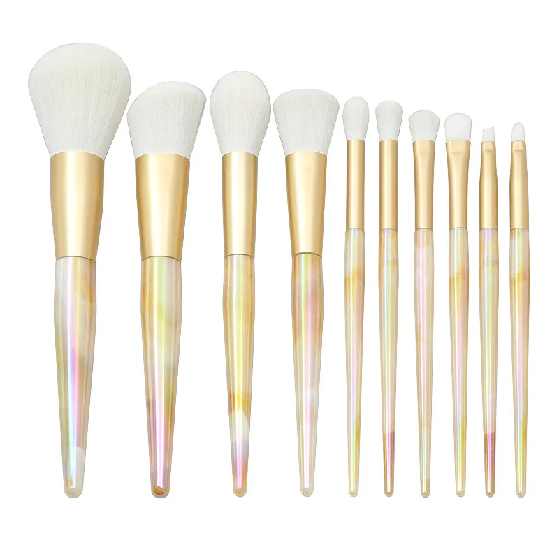high end professional yellow Laser marbled conical plastic handle 10pcs/set synthetic makeup brushes