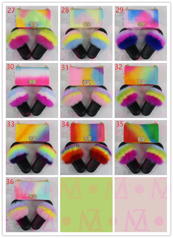 
mommy and me kids colorful girls fanny packs jelly bags purse pures set bulk and with matching fur sandals slides slippers 