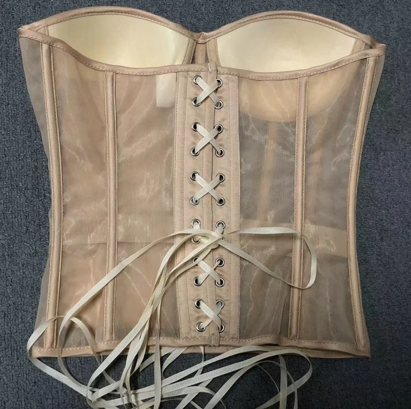 Women Sexy Bustier Corset Vintage Double Mesh Waist Cincher Body Shaper Top