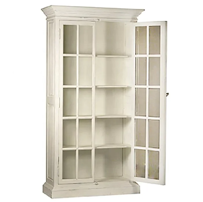Traditional white wooden kitchen cabinet sideboard with glass panel doors
