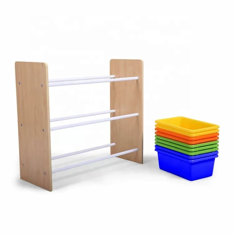 3 tier wood toddler children kids grey toy storage organizer rack shelf with plastic box bin