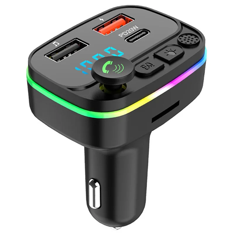 Colorful Light 2 Usb Type C PD 20W Fast Charging FM Modulator Handsfree Car Kit FM Transmitter Wireless Car Mp3 Player
