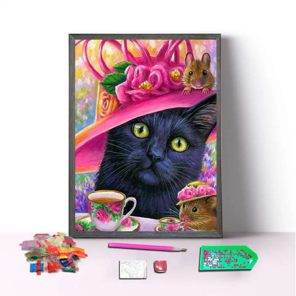 5D DIY 100% Full Square diamond drill painting cat with hat Artificial diamond painting framed