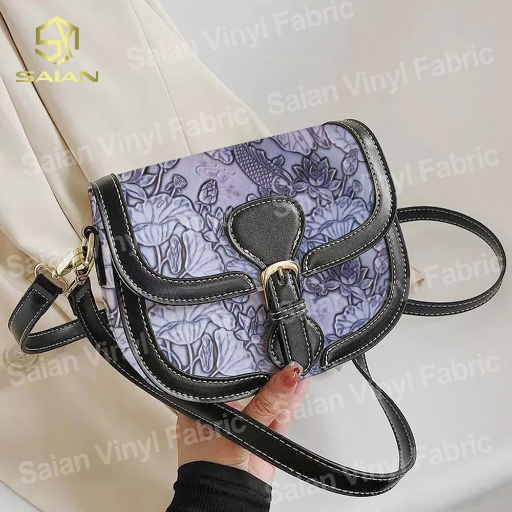 New Design 3D Engraved Koi Lotus Flower Fish Pattern Embossed Faux Vinyl PVC Leather Fabric For Bags Shoes Upholstery