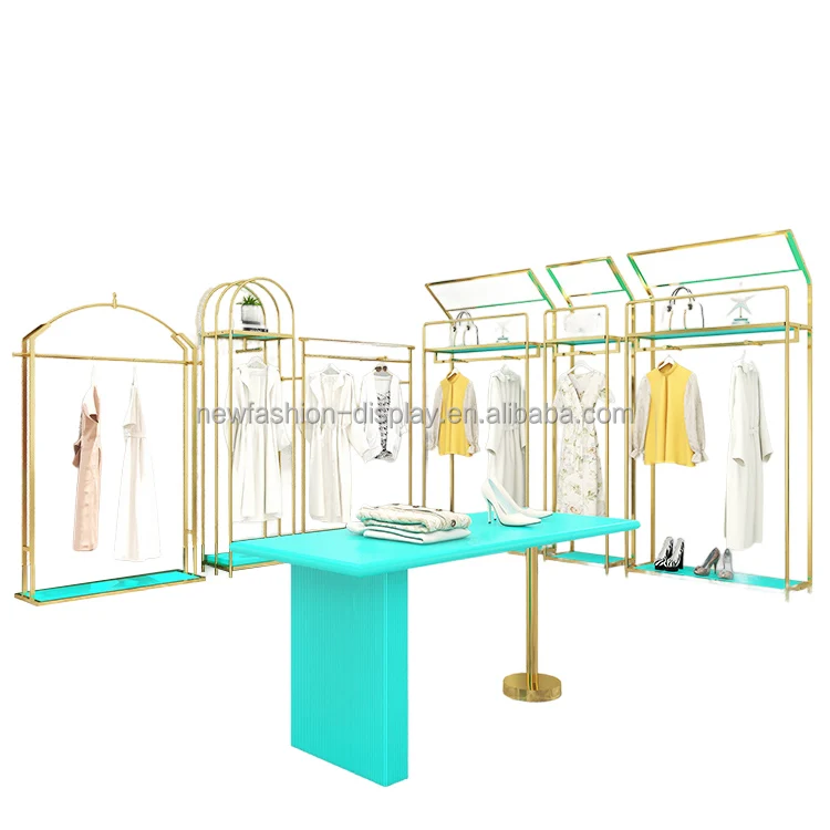Clothing Store Display Stand Decoration Boutique Clothes Racks Metal Stainless Steel Mirror Gold Clothing Rack with LED Light