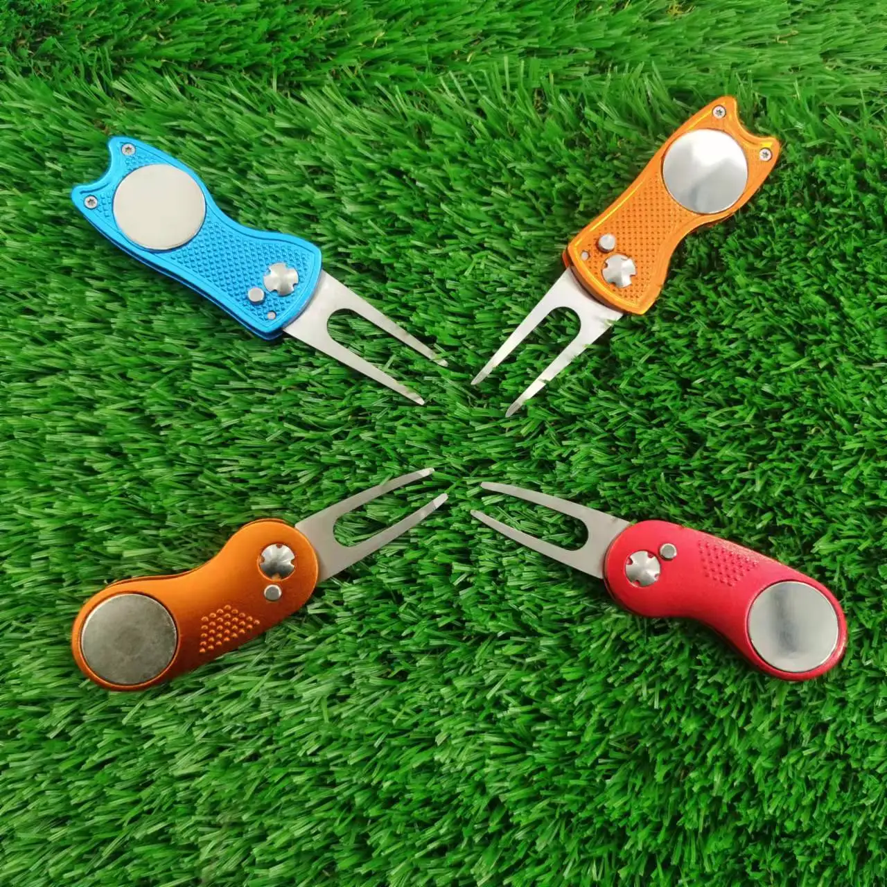 Repair Tool,Foldable Divot Tool, Stainless Steel Switchblade with 2 PCS Detachable Golf Ball Marker Pop-up Button