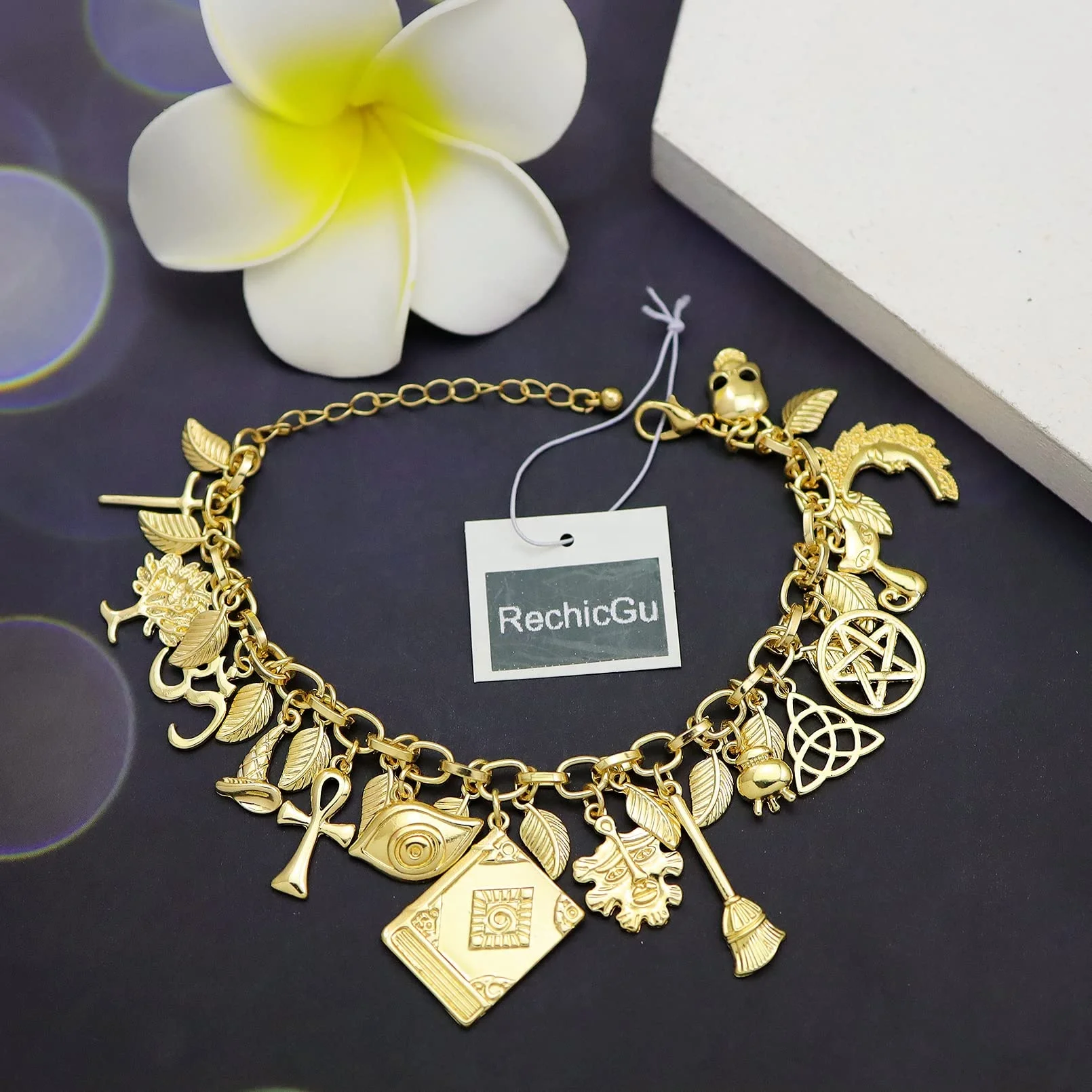 Vintage Multi Charms Cuff Bangle Bracelet Mythology Fairytale Lucky Cross Leaf Moon Face Celtic Cat Book