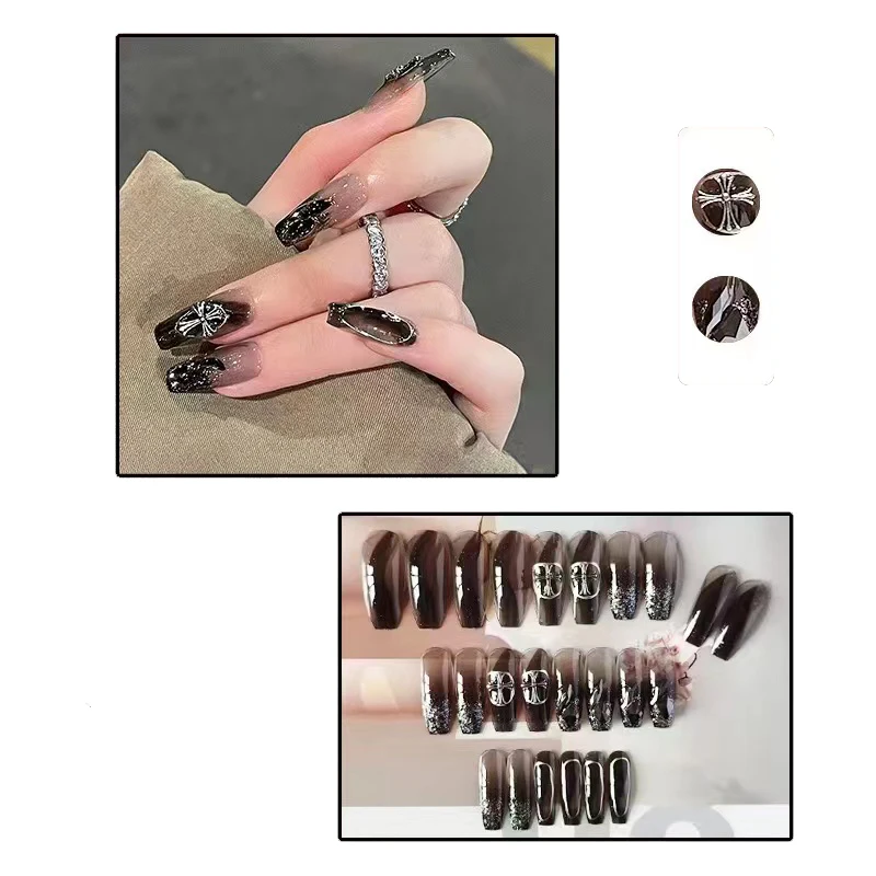 Y2K New Jeans black series Press On Nails with Silver Chrome details and Butterflies Korean Style - Halloween Costume Da