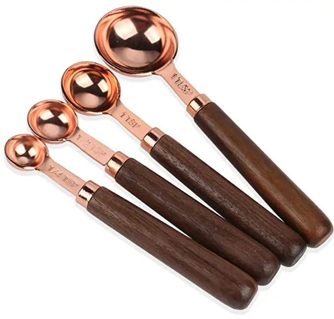 4 pieces wooden handle Coffee stainless steel copper plated measuring spoons With Wooden Handle