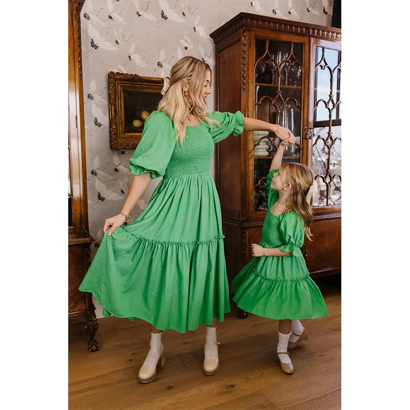 Kids Girls Dress Square Neck One-tier ruffles skirt Smocked bodice puff sleeves Shirred 100%Linen Midi dress Mom and Me Wear