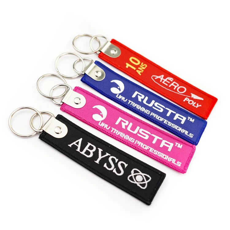 Wholesale Cheap Custom Double Side Different Logo Flight Key Tags Fabric Car Jet Tag Woven Embroidery Keychain