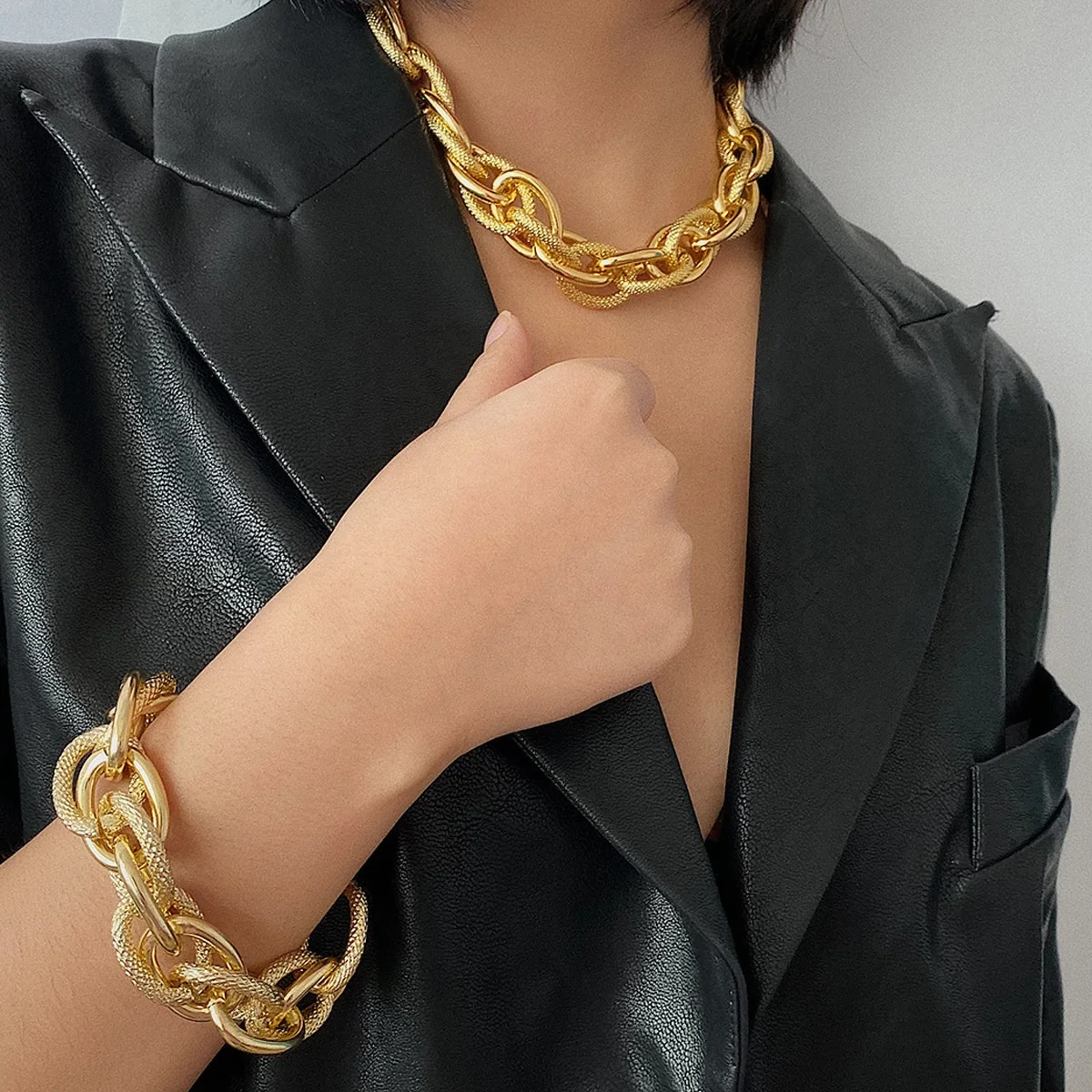Hot Hip Hop Punk Style Exaggerated Choker Necklaces Gold Plated Chunky Link Chain Necklace Bracelet For Women