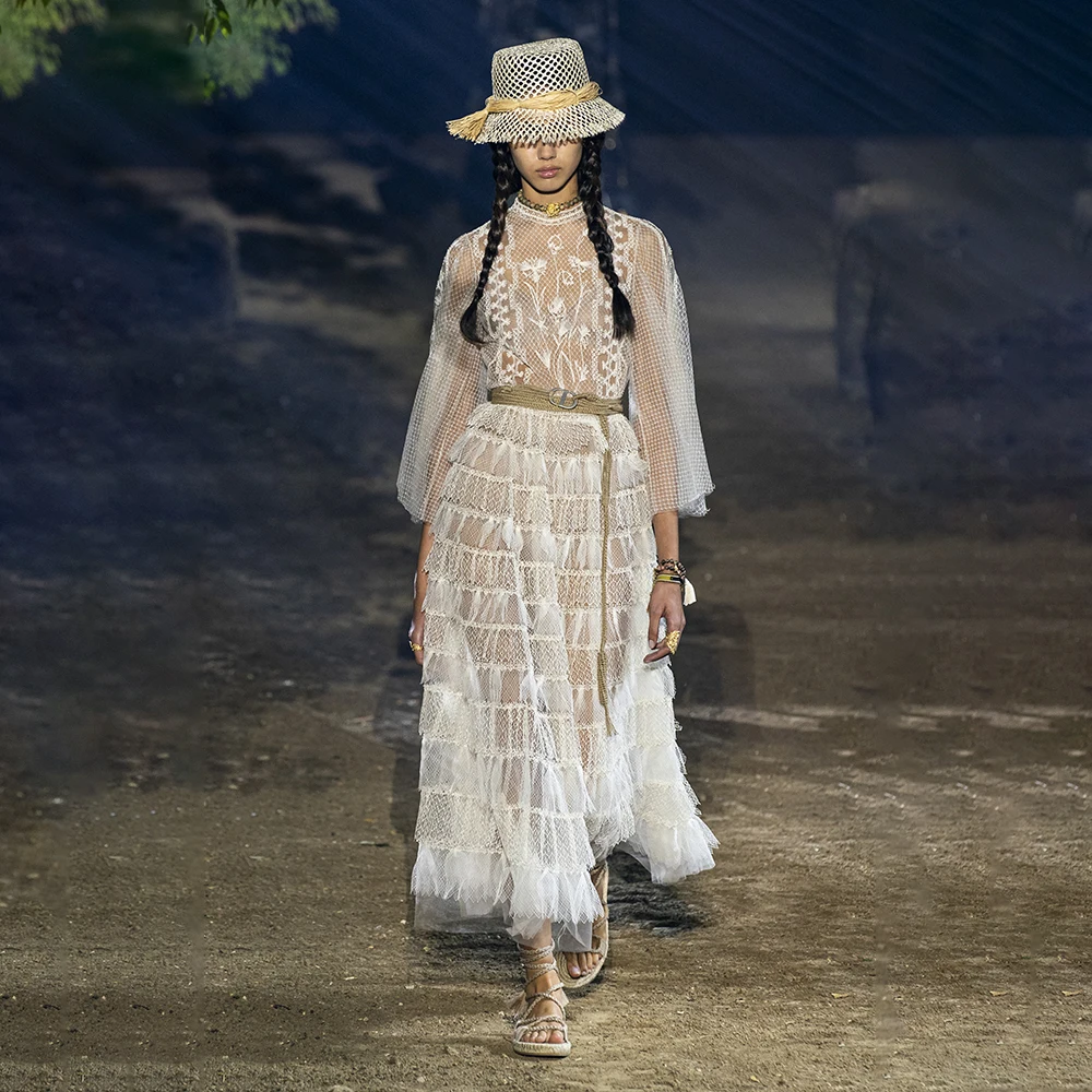 Mesh white flower dresses embroidery design breathable high waist slim fit dress with lace hem party evening dress