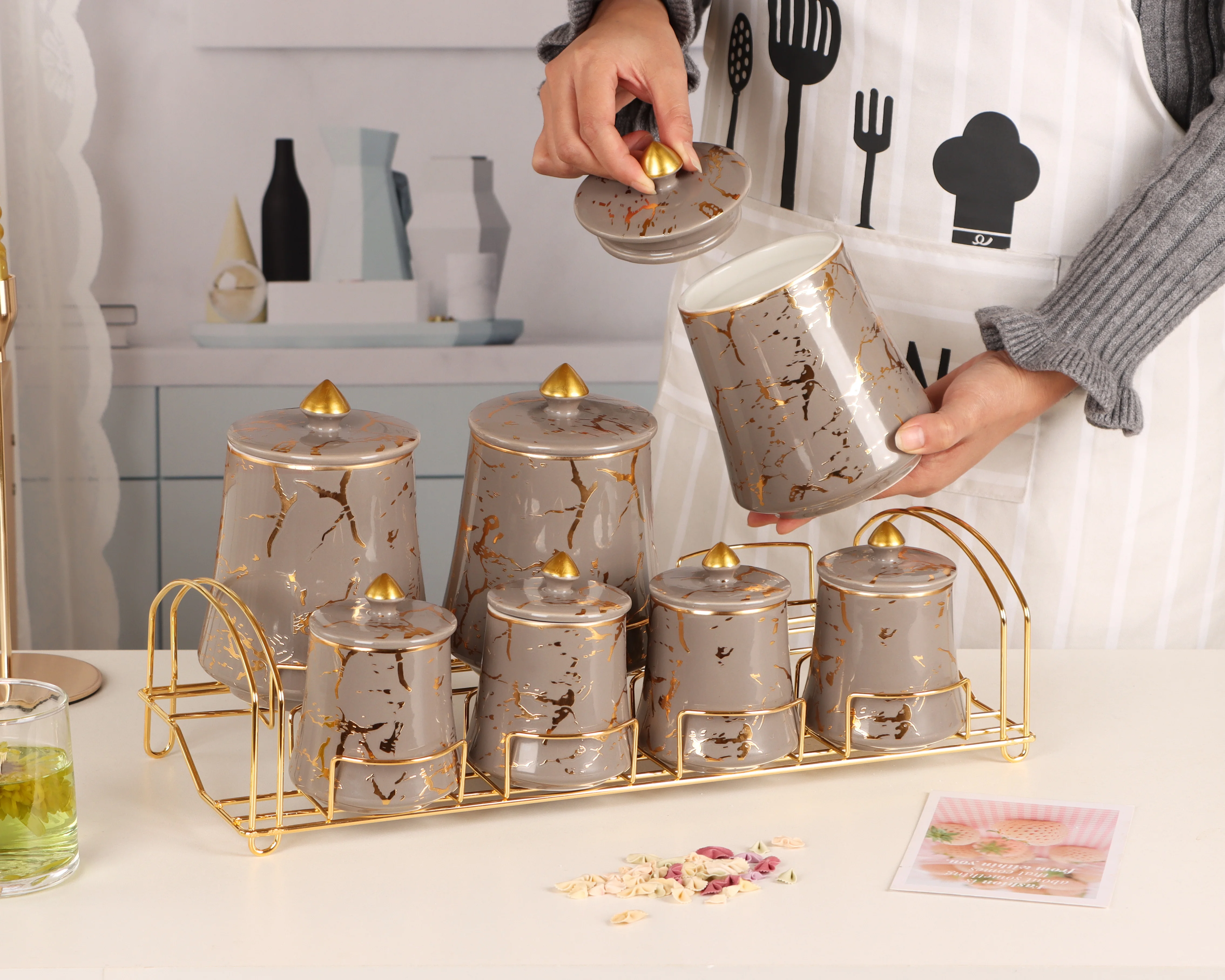 high end ceramic gold rim canister for tea coffee sugar, food storage ceramic jars