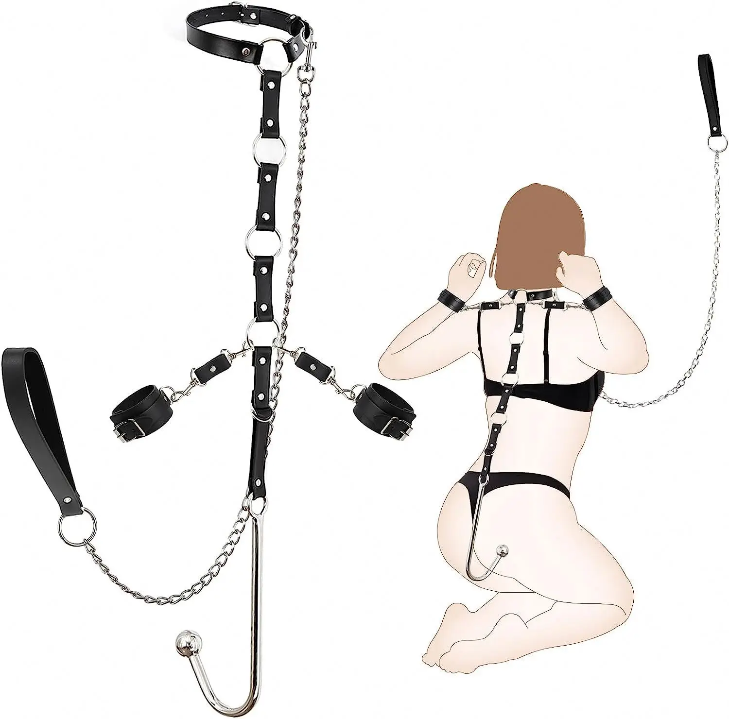 Sex Bondage BDSM Anal Hook with Traction Chain Butt Plug Adjustable Handcuffs Neck Collar Wrist Cuffs Fetish SM Sex Toys
