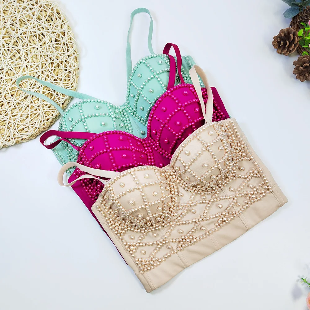 High Quality Manufactory Handmade Women Ladies Straps Crop Boning Padded Corsage Corselet Bustier Pearl Corset Top With Beads