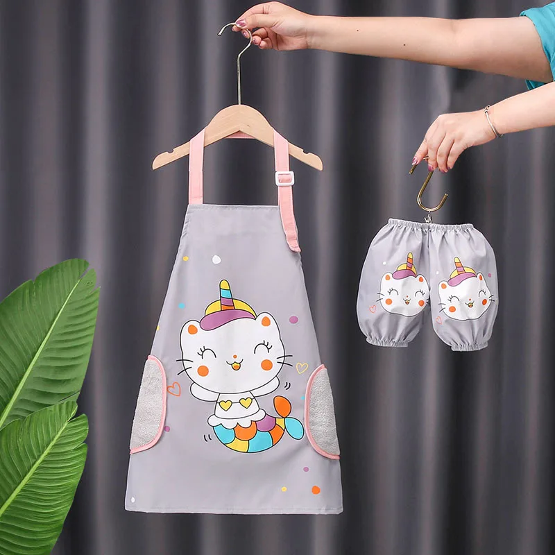 cleaning products cute kids apron and Sleeve set custom design printed pattern waterproof adjustable  kitchen child apron