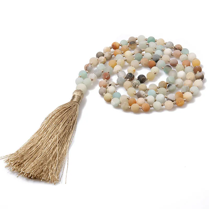 108 Mala Beads Necklace Semi-Precious Amazonite Gemstones Meditation Necklace Hand Knotted Mala Beaded Tassel Necklace