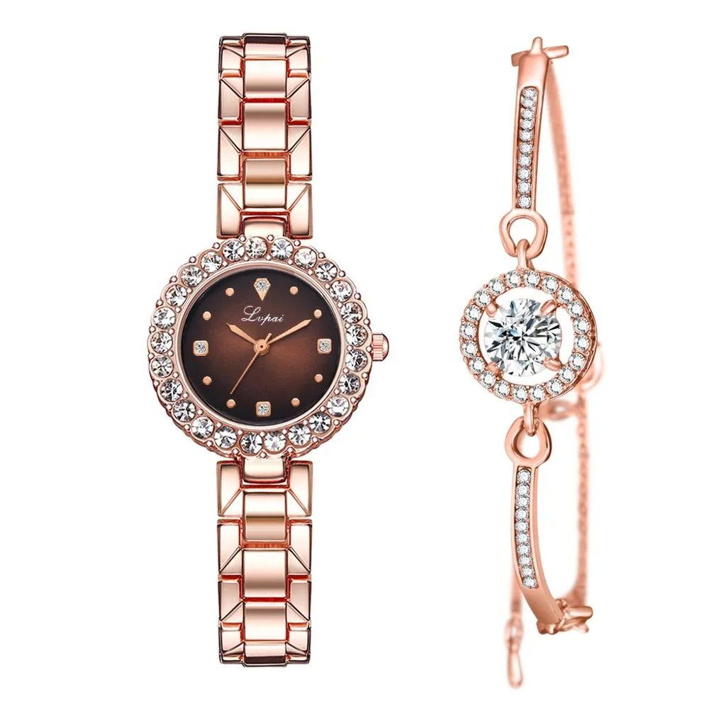 Beautiful Girls Hand Watches Fashion Diamond Rose Gold Metal Women Watch And Bracelet Sets