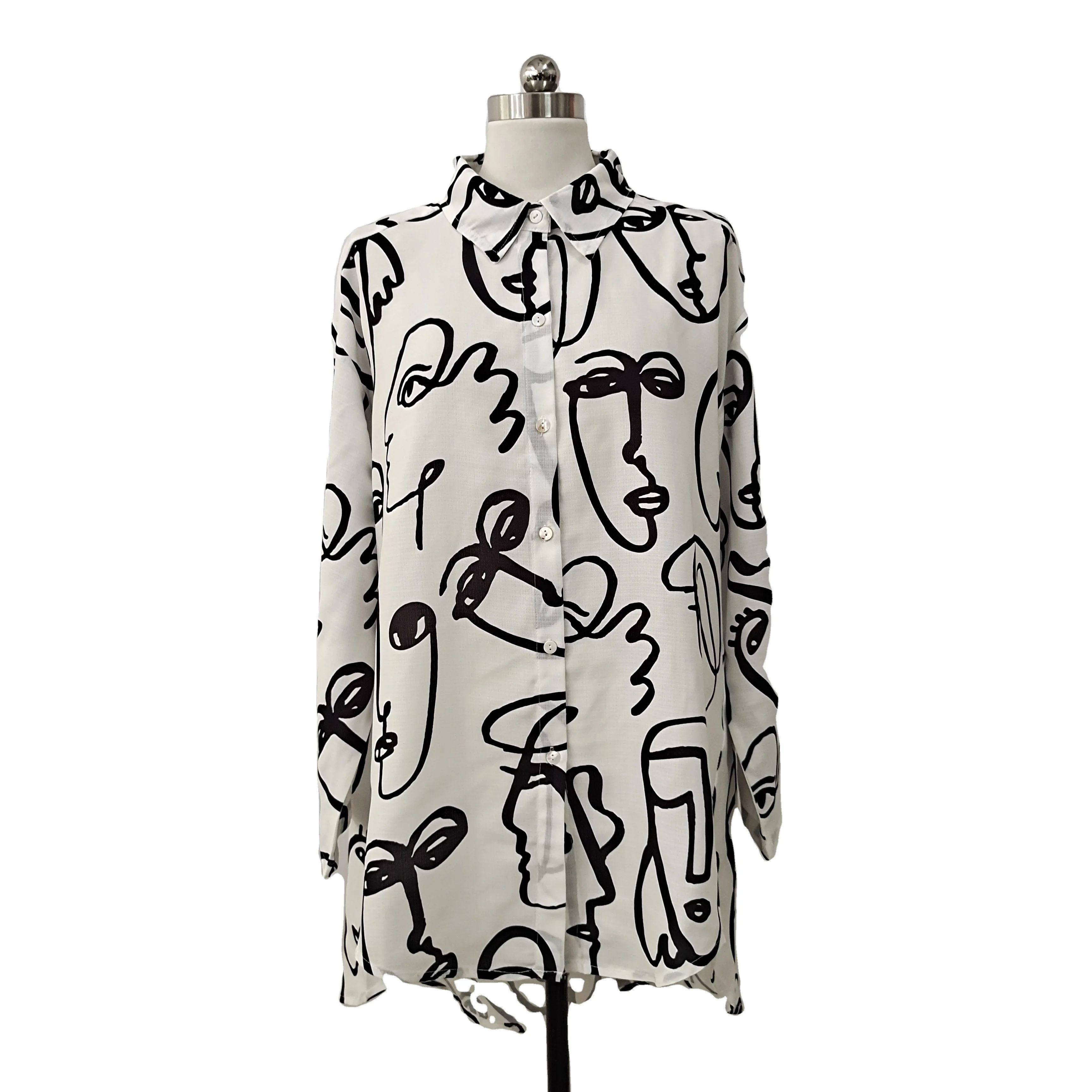 Custom Fashion Women  Image taking face printing Print Long Sleeve Polyester Blouse Lapel Button Casual Lady Shirt