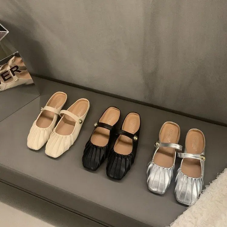 High-quality luxury brand silver baotou half drag flat sandals women wear 2023 new Muller flip-flops women