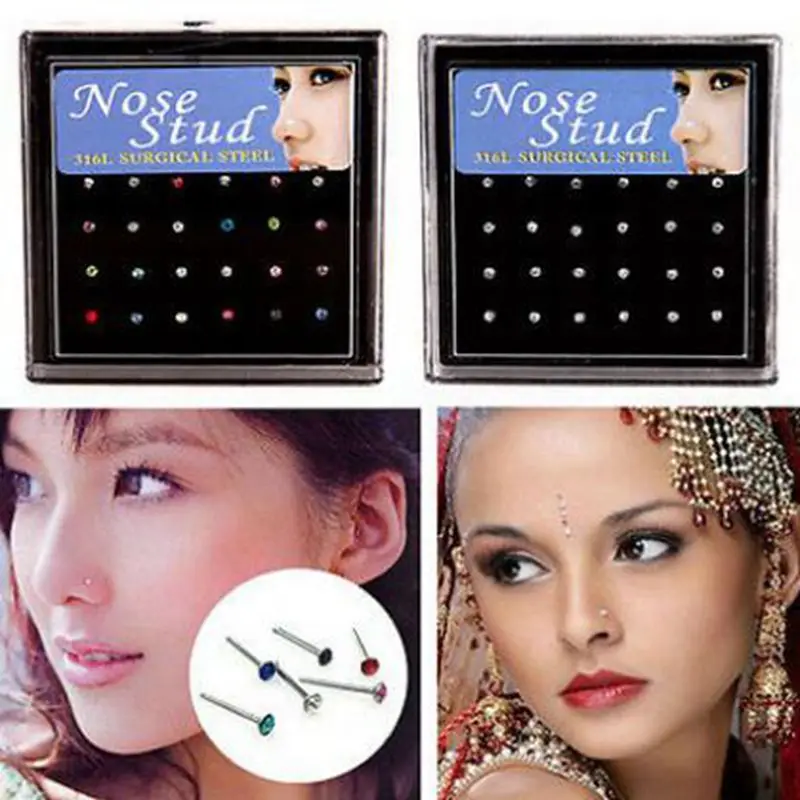 
60/40/24pcs/pack 1.8mm Stainless Steel Crystal Nose Ring Set Women Surgical Steel Nose Studs Body Jewelry 