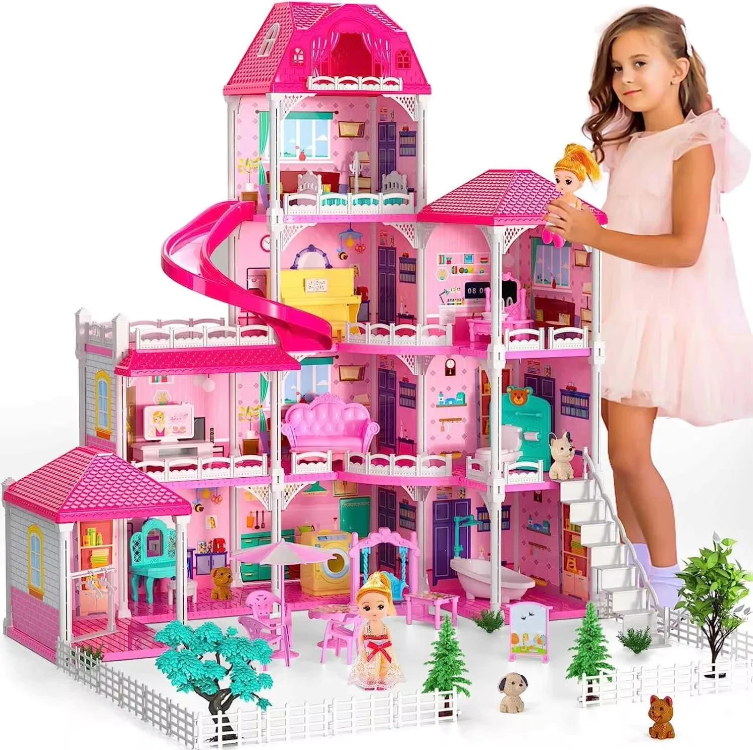Pink Doll House Dream House Furniture 4 Stories 10 Rooms DIY Toddler Playhouse with 2 Princesses Model Toy Gift for Girls