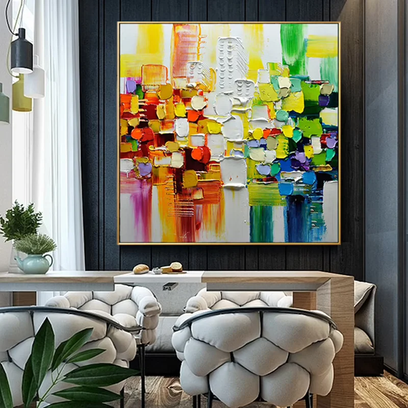 Bedroom Wall Art Fantasy Texture Hand-painted Colorful Block City Abstract Oil Painting on Canvas